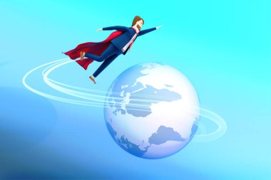 Pl etrafında uçan süper işadamı 3d render illüstrasyon