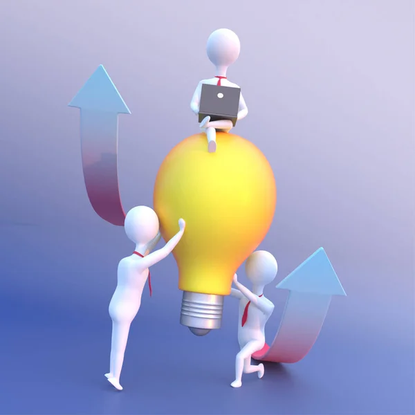 3D візуалізація бізнесменів, що тримають лампочку з сидячою леєю — стокове фото