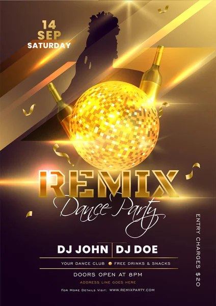 Remix Dance Party diseño de tarjetas de invitación con disco dorado brillante — Vector de stock