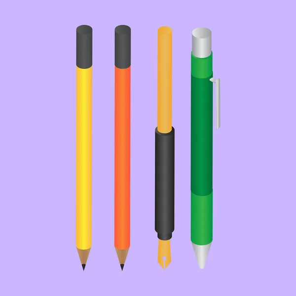 3D-Illustration von Feder, Tusche und Bleistift auf violettem Hintergrund. — Stockvektor