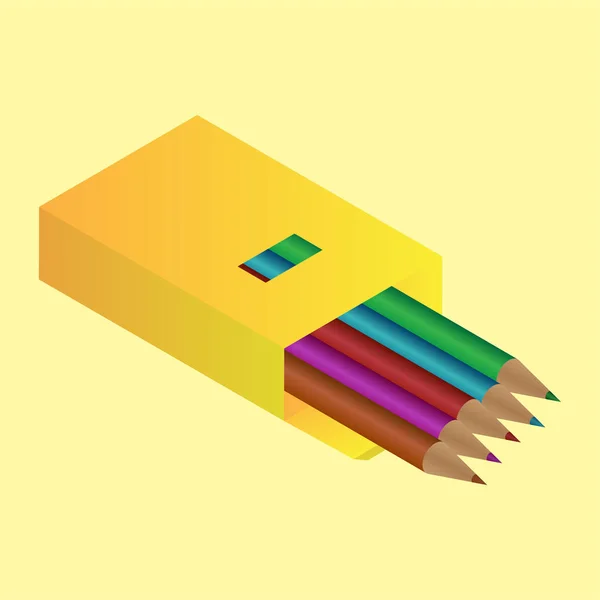 Caja de lápiz de color en estilo 3d sobre fondo amarillo . — Vector de stock