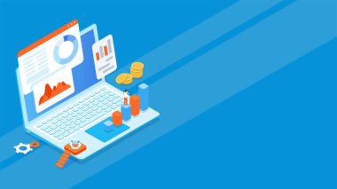 İş ekipmanları ve aplikati ile dizüstü 3d illüstrasyon