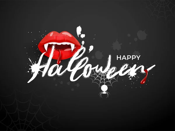 Stijlvolle tekst Happy Halloween met monster mond druipend bloed a — Stockvector