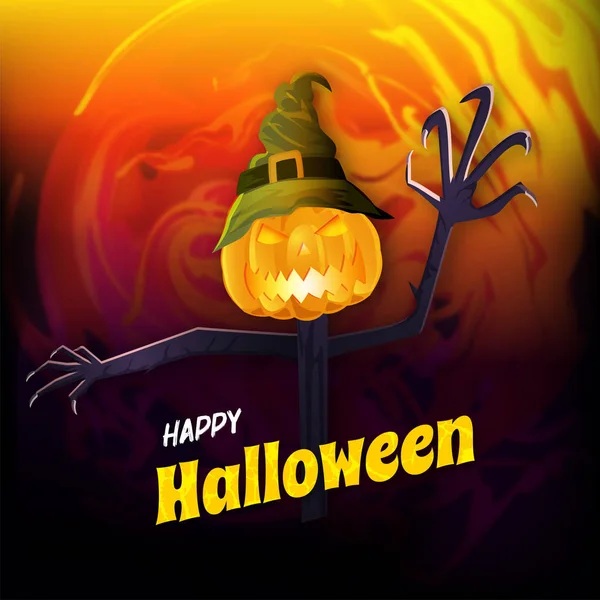 Projeto de cartaz de Halloween feliz com árvore de abóbora assustadora e bruxa — Vetor de Stock