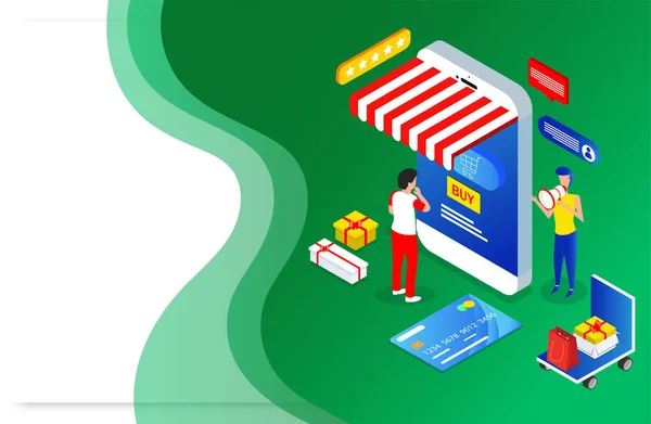 Ilustración isométrica de la tienda online en smartphone con pago — Archivo Imágenes Vectoriales