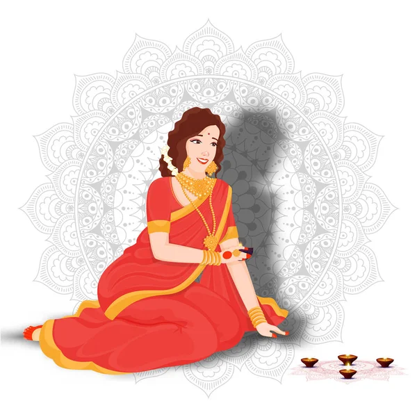 Beautiful woman decorating rangoli with oil lamp (Diya) on manda — Stock Vector