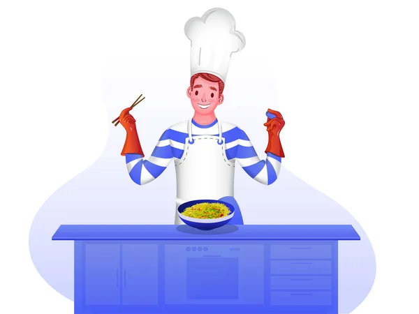 Счастливый шеф-повар подает блюдо (жареный рис) на кухне — стоковый вектор