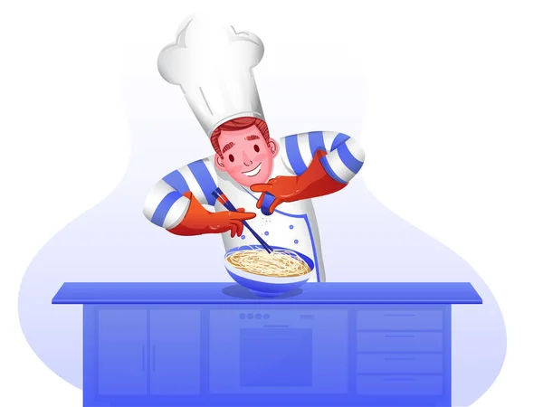 キッチンテーブルに麺を振りかけるシェフキャラクター. — ストックベクタ