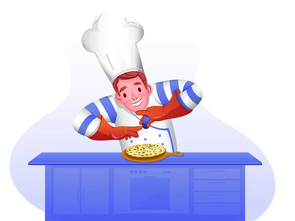 Персонаж шеф-повара поливает пиццу на кухонный стол . — стоковый вектор