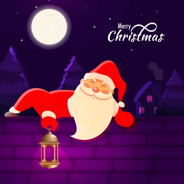 Illustration of santa claus climbing to brick wall with holding — Stock Vector