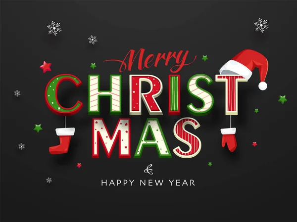 Colorido texto de Feliz Navidad decorado con sombrero de santa, guante — Vector de stock