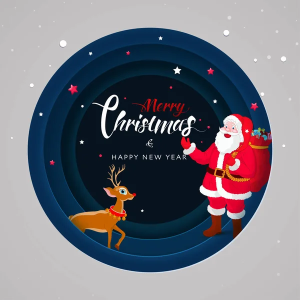 Illusztráció Santa Claus emelés nehéz ajándék zsák reind — Stock Vector