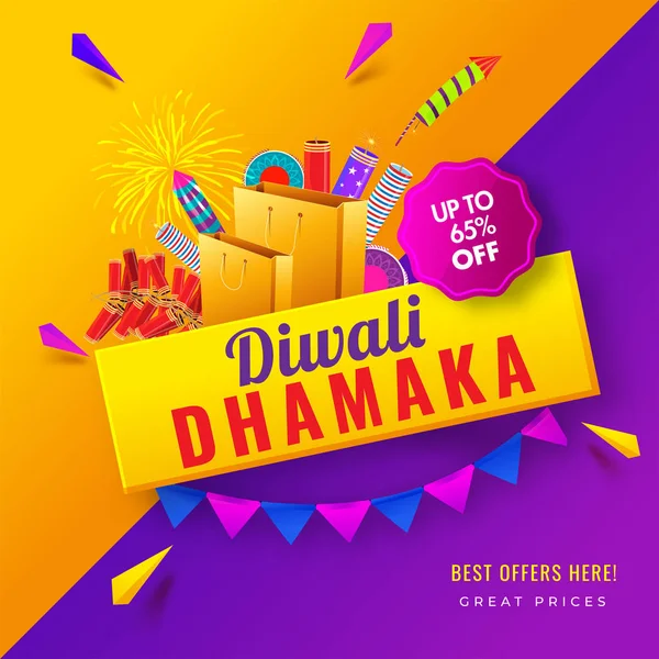 Diwali Dhamaka poster of sjabloonontwerp met 65% korting aanbieding — Stockvector