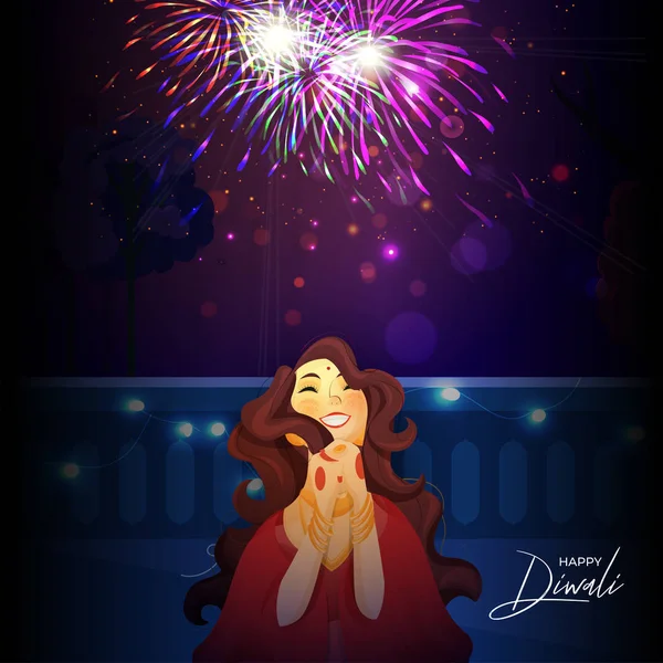 Cheerful woman watching fireworks lighting on the occasion of Ha — Stock Vector