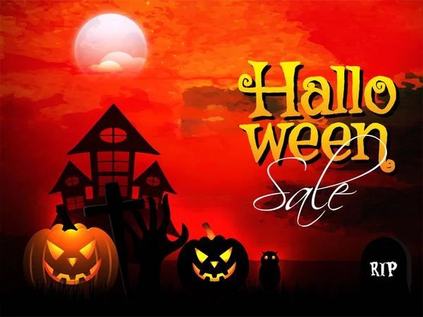 Halloween Sale banner or poster design with haunted house, scary — Stock Vector