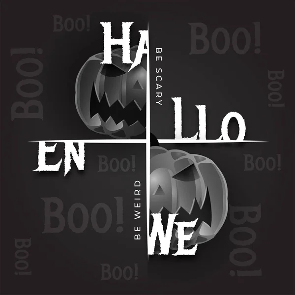 Stylish text of Halloween with scary pumpkins on grey background — Stock Vector
