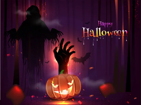 Silhouet van Ghost met Jack-o-lantaarn en Zombie hand op bloemen — Stockvector