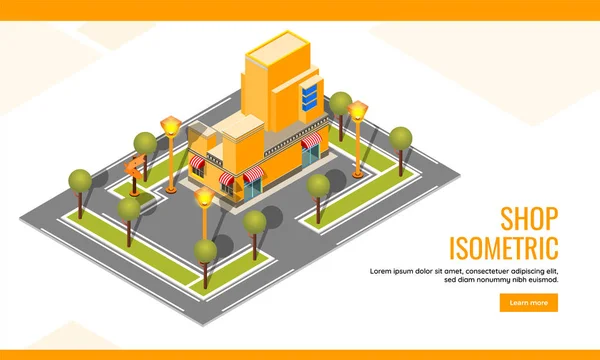 アイソメ超高層ビルを使用したショップコンセプトベースのランディングページデザイン — ストックベクタ