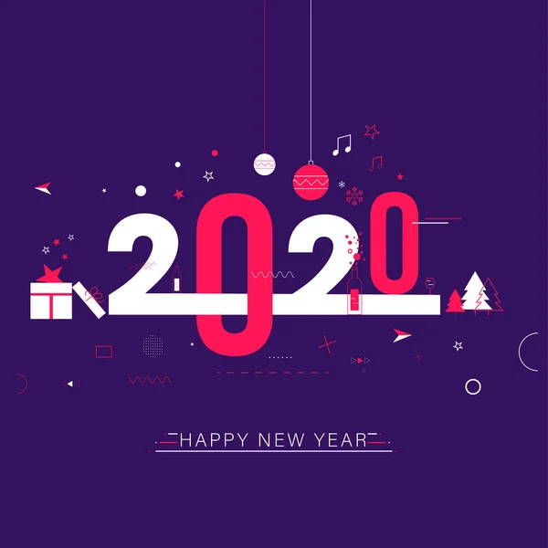 Stylish text 2020 decorated with gift box, xmas tree, star and b — Stockový vektor