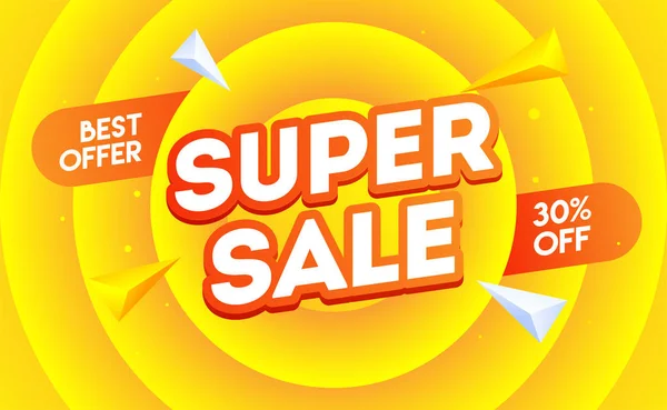 Sticker style texte Super Vente avec 30 % offre de réduction sur le jaune — Image vectorielle