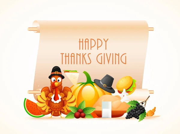 Happy Thanksgiving text on scroll paper with turkey bird, pilgri — Stock Vector