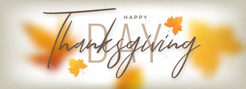 Stylish text of Happy Thanksgiving Day with maple leaves on whit