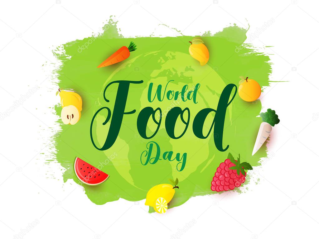Calligraphy of World Food Day with fruits and vegetables decorat