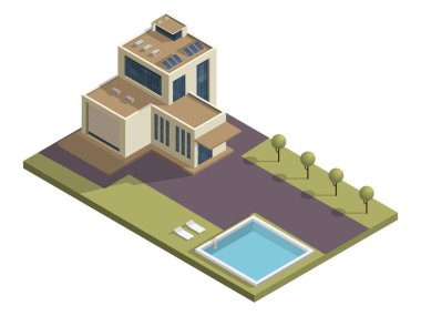 Yüzme havuzu ve bahçe bahçesi arka plan ile biyometrik bina