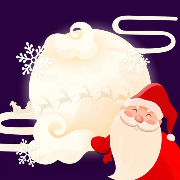 可爱的圣诞老人与驯鹿雪橇和雪花在满月 — 图库矢量图片