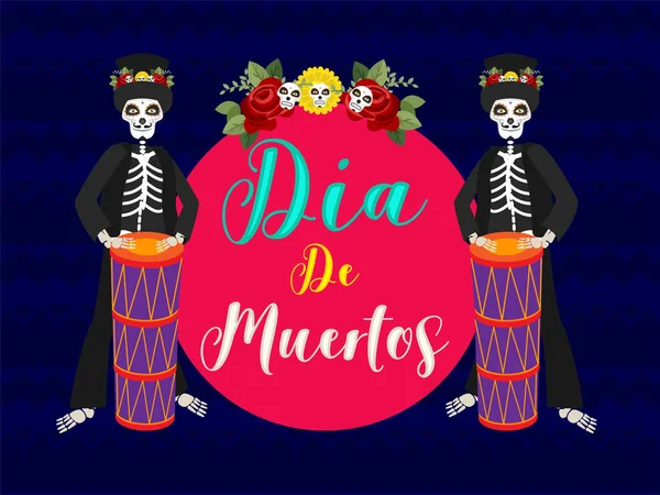 Kolorowa kaligrafia Dia de Muertos z perkusistą szkieletu — Wektor stockowy