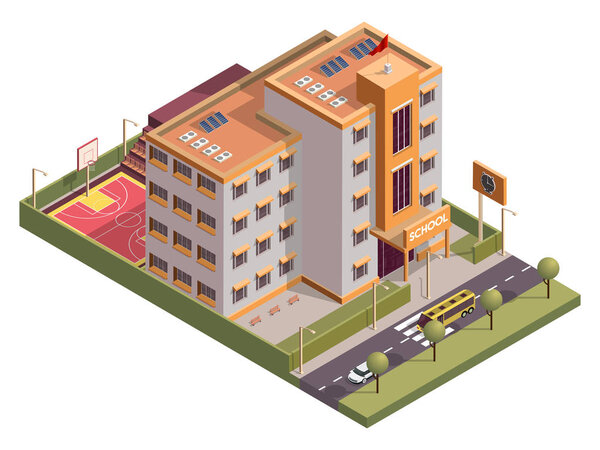 Isometric school skyline building with clock board and basketbal