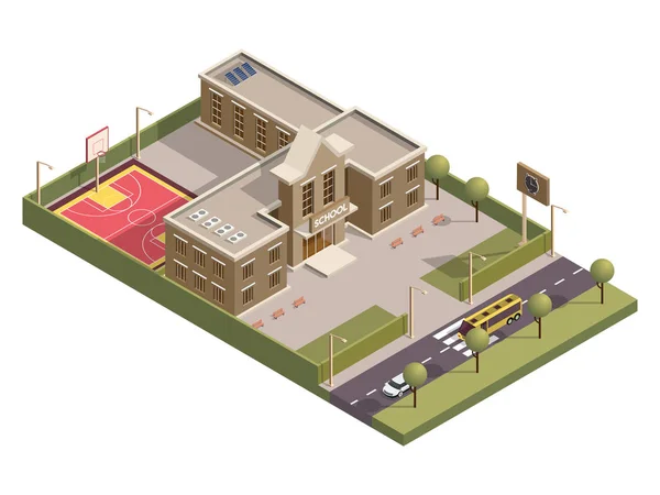 Edificio de la escuela isométrica con tablero de reloj y campo de baloncesto — Vector de stock