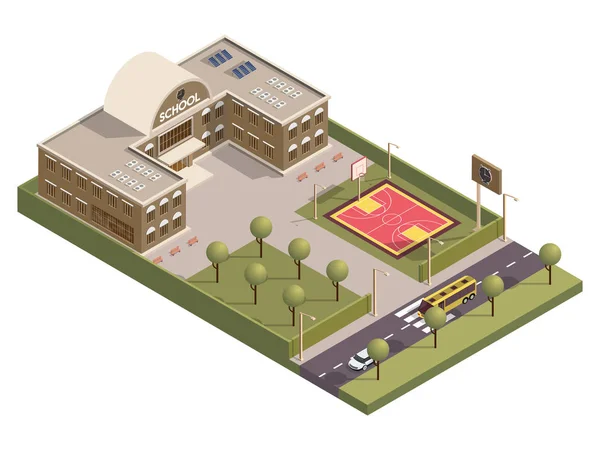 Vista isométrica del edificio de la escuela y el patio de baloncesto alo — Vector de stock