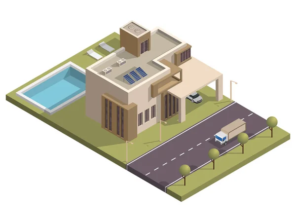 Edificio isometrico con piscina e parcheggio lungo tran — Vettoriale Stock