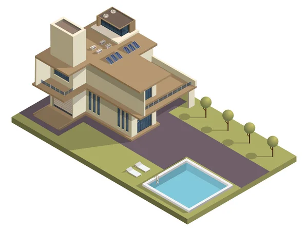 Edificio de rascacielos isométrico con piscina y jardín — Vector de stock