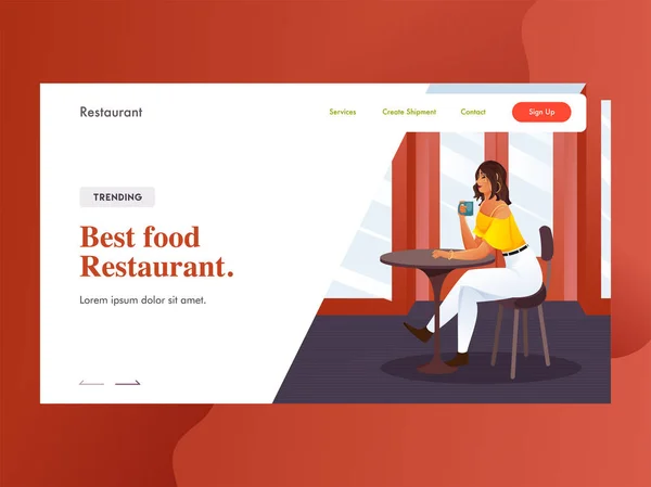 Mejor comida restaurante landing page diseño con chica moderna drinki — Archivo Imágenes Vectoriales