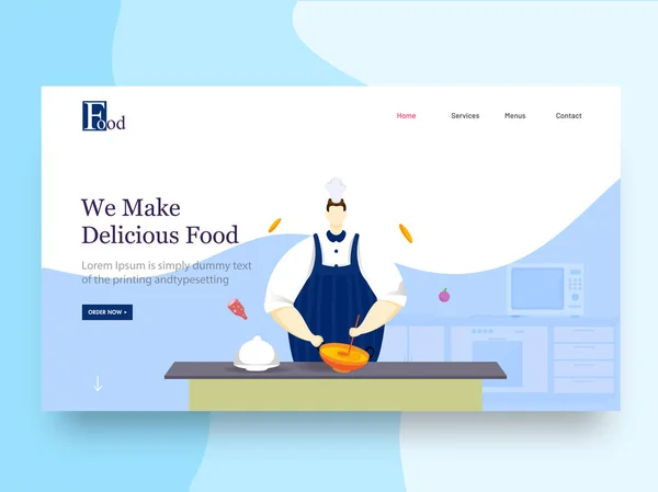 Landing page design met chef-kok karakter koken op de keuken uitzicht — Stockvector