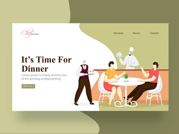 É hora de jantar design de landing page com chef servindo, cara — Vetor de Stock