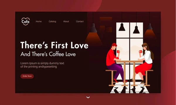 Design de landing page com menino e menina bebendo café em c — Vetor de Stock