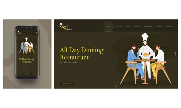 Aplicativo restaurante on-line em telefone inteligente com chef servindo frango t —  Vetores de Stock