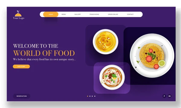 World of Food landing page ontwerp met presenteren van verschillende schotel — Stockvector