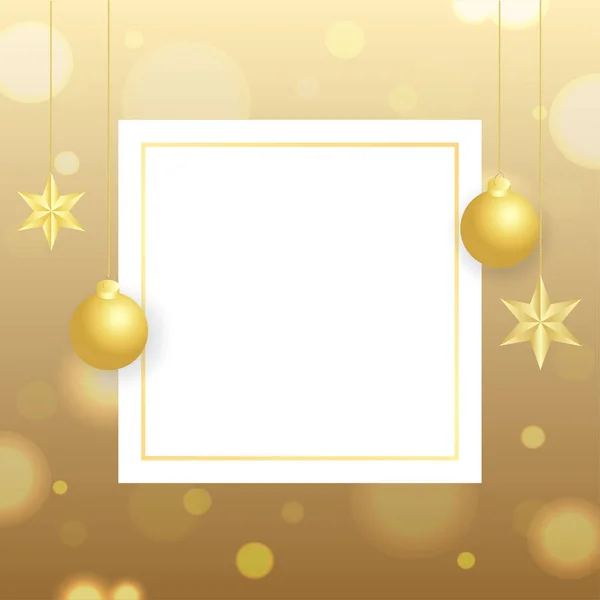 Design de carte de vœux avec boules suspendues et étoiles décorées sur — Image vectorielle