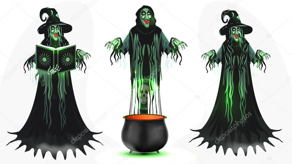 Set of witch cartoon character with magic book and cauldron on w