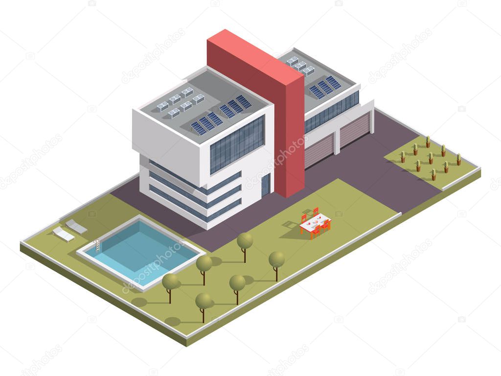 Isometric building with swimming pool and dining table along gar