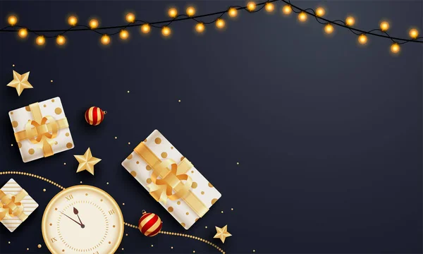 Ansicht von Geschenkboxen mit Wanduhr, goldenen Sternen und Leuchtstoff — Stockvektor