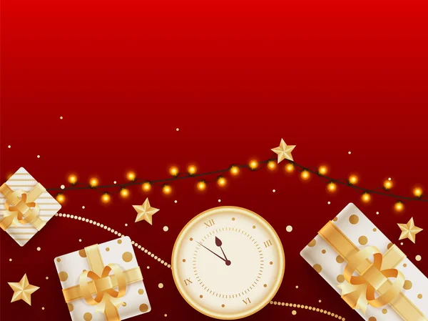 Vista superior de cajas de regalo con reloj de pared, estrellas doradas y luz — Vector de stock