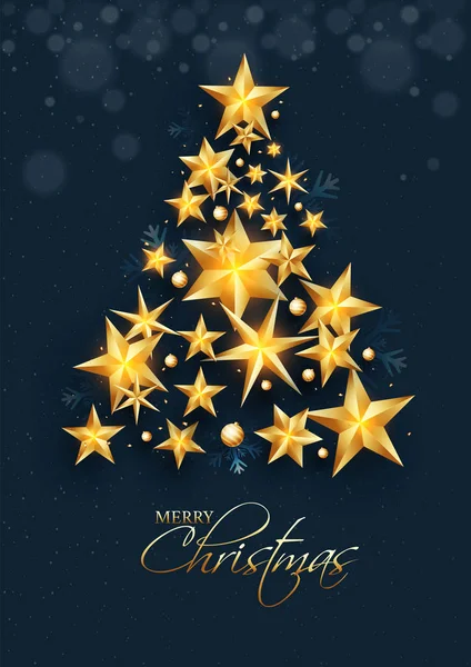 Creative xmas tree made by golden stars and baubles on the occas — Stock Vector