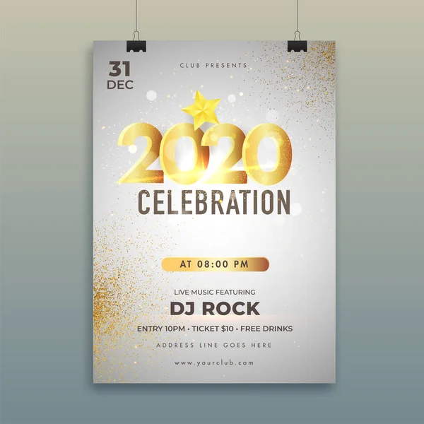 Diseño de la tarjeta de invitación Celebration 2020 con estrella, hora, fecha y — Vector de stock