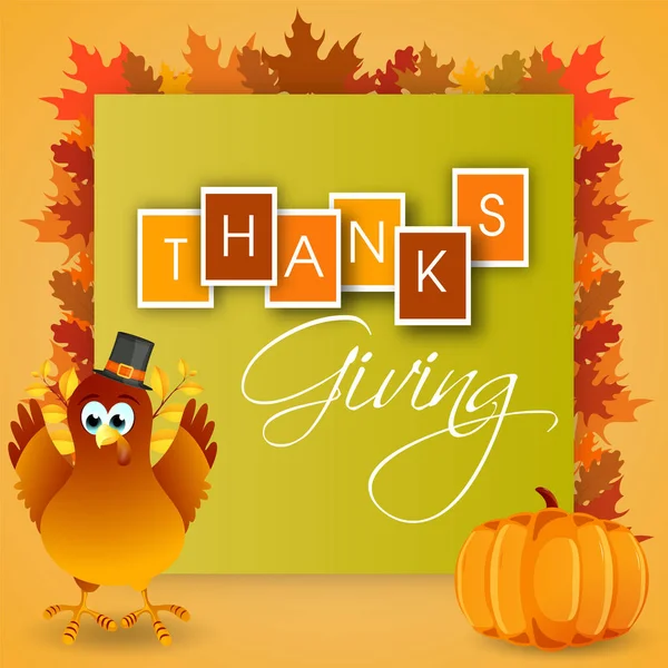 Stylish text of Thanksgiving with turkey bird, pumpkin and autum — ストックベクタ