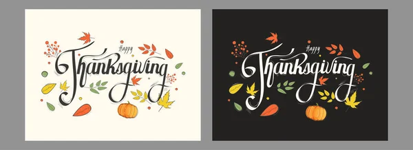 Calligraphy of Happy Thanksgiving with pumpkin and autumn leaves — Stock Vector